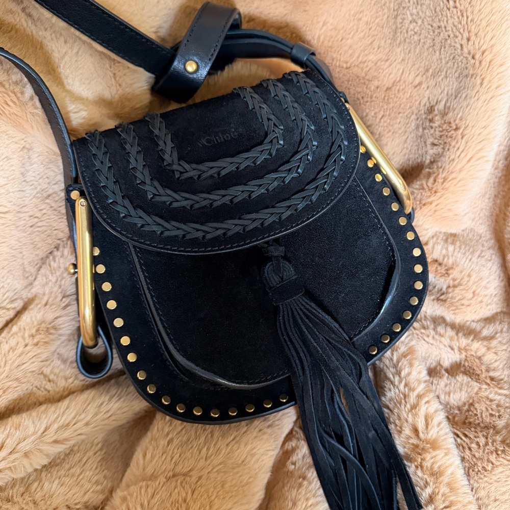 Chloé Black Suede Braided Flap Crossbody with Tassel & Gold Hardware